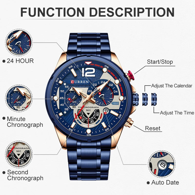 Watches Mens CURREN Top Brand Luxury Casual Steel Quartz Men's Watch Business Clock Male Sport Waterproof Date Chronograph