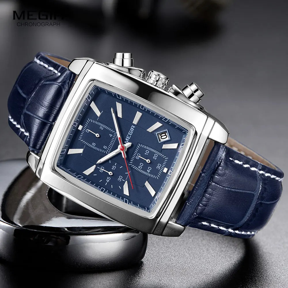 Megir Rectangle Dial Leather Strap Watch for Men Casual Blue chronograph quartz watches Man Wristwatch montre reloj часы мужские