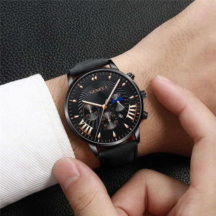 2PCS Set Fashion Mens Sports Watches Man Business Leather Bracelet Quartz Watch Luxury Men Casual Calendar Clock Reloj Hombre