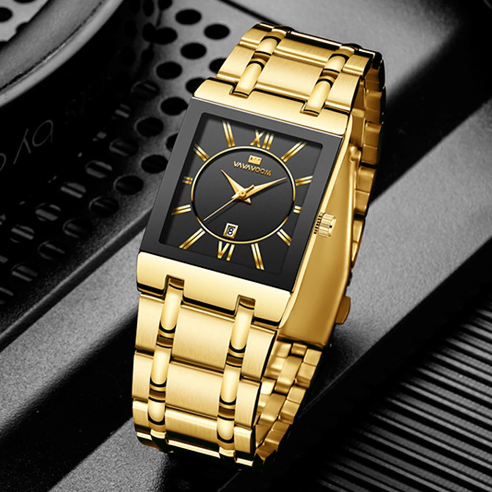 VA VA VOOM Relogio Masculino Watch Men Square Mens Watches Top Brand Luxury Golden Quartz Stainless Steel Waterproof Wrist Watch