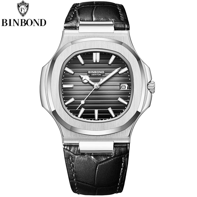 BINBOND Authentic New Men's Quartz Watchwith Waterproof Leather Strap  Fashion Business Luminous Calendar Men Students Watches