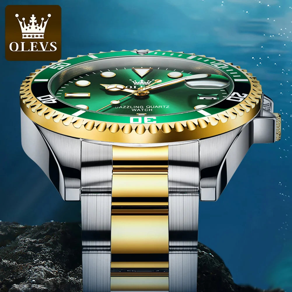 OLEVS Top Original Men Quartz Watch Green Waterproof Watch for Men Stainless Steel Quartz Men Luxury Watch Luminous Wristwatch