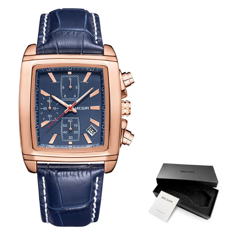 Megir Rectangle Dial Leather Strap Watch for Men Casual Blue chronograph quartz watches Man Wristwatch montre reloj часы мужские