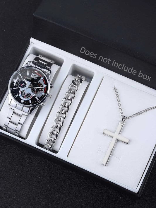 3pcs Business Style Silver White Mechanical design Men's alloy quartz watch with calendar and alloy necklace bracelet set