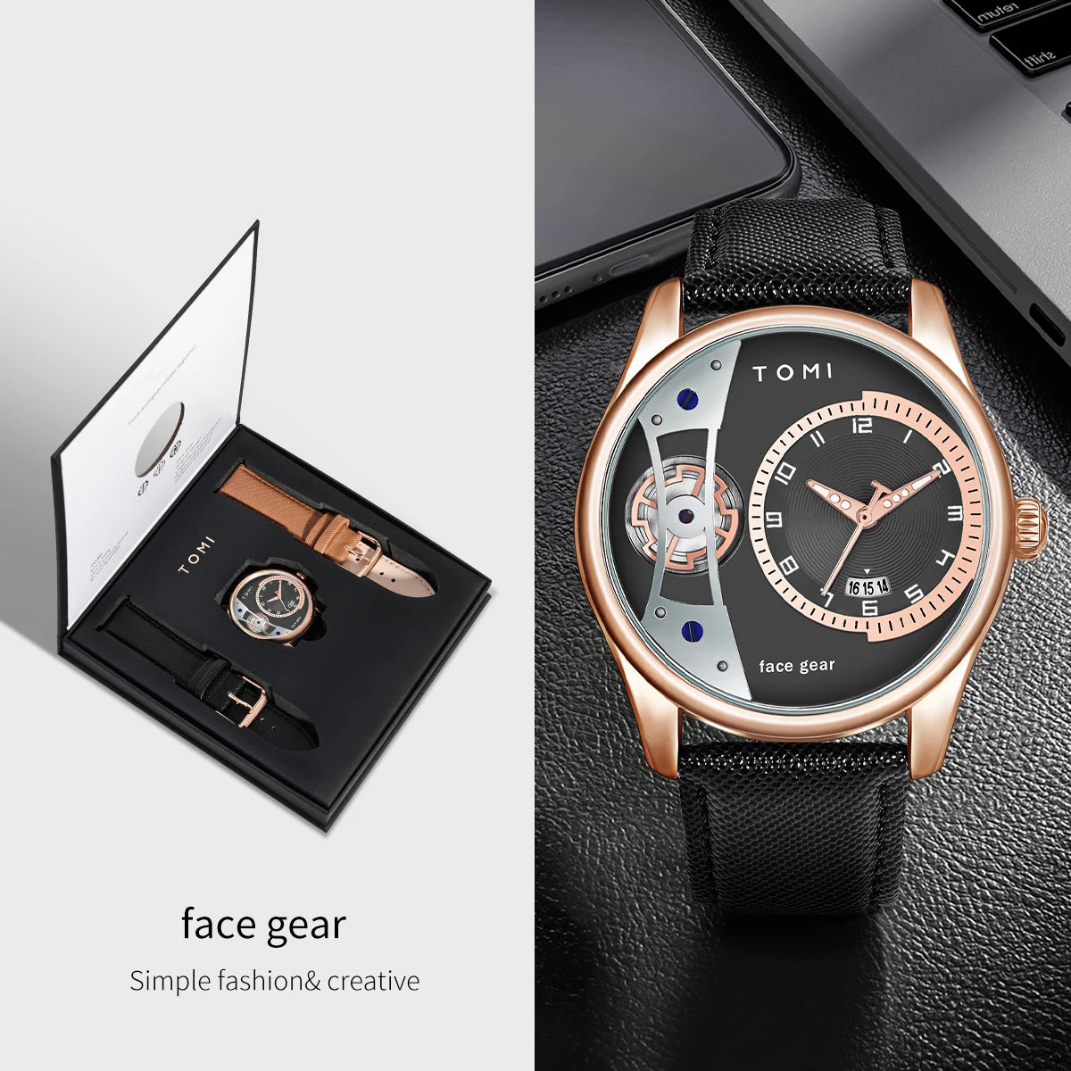 TOMI Set Gift Box for Men's Minimalist Business Quartz Watch Luxury Versatile Double Strap Detachable Watch Festival Gift