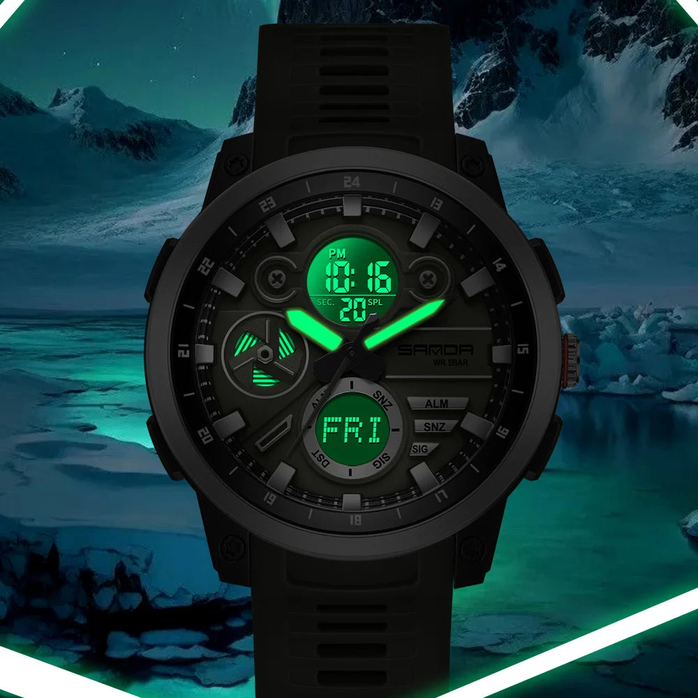 SANDA Men Sport Wristwatch TPU Strap Waterproof Quartz Watch Dual Display Digital Luminous Male Clock Relogio Masculino