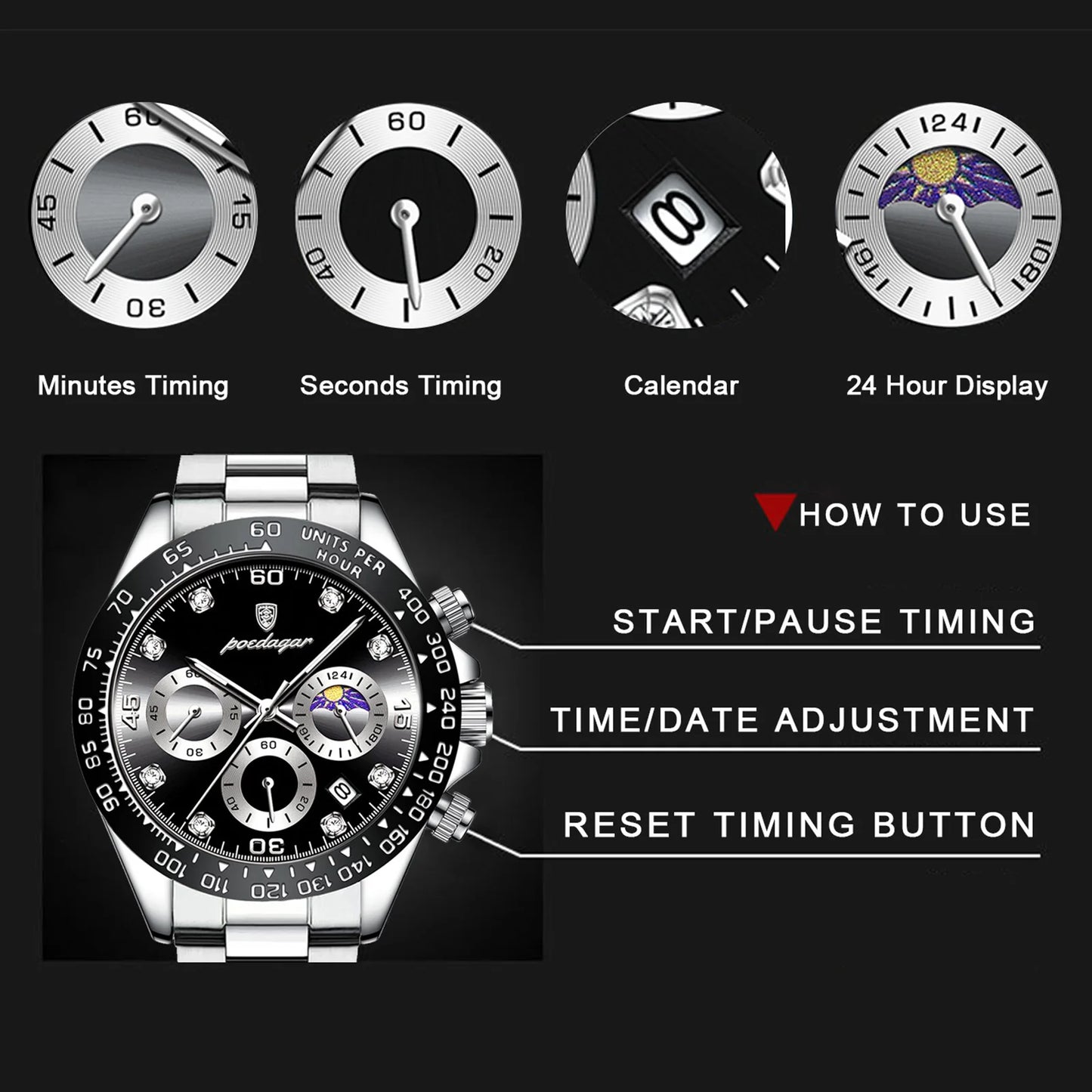 POEDAGAR Luxury Watch For Men High Quality Luminous Waterproof Chronograph Men's Watch Stainless Steel Men Quartz Watches Reloj