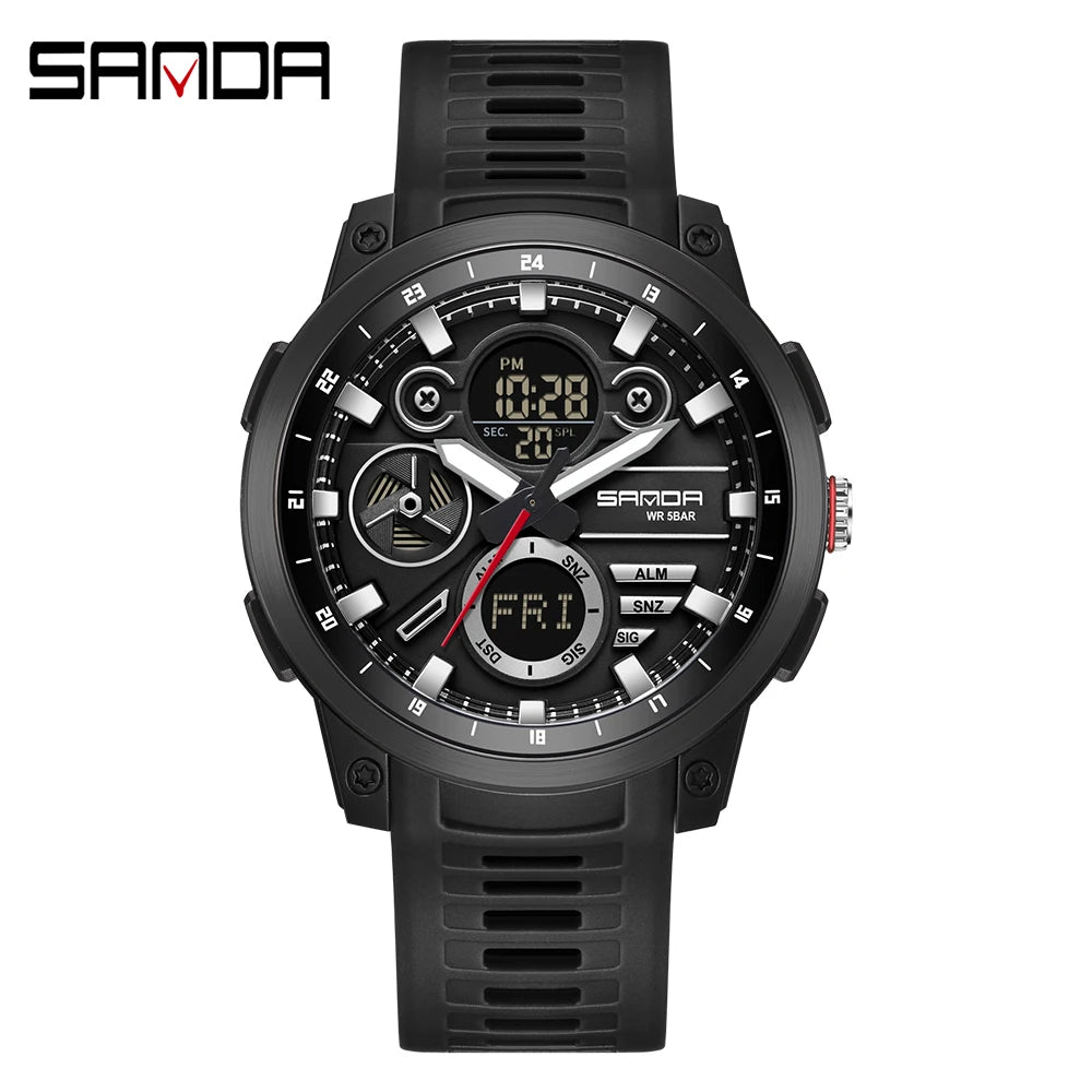 SANDA Men Sport Wristwatch TPU Strap Waterproof Quartz Watch Dual Display Digital Luminous Male Clock Relogio Masculino