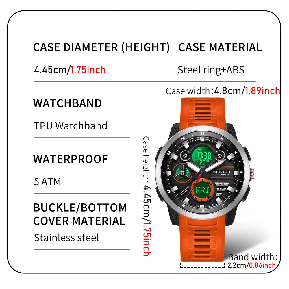 SANDA Men Sport Wristwatch TPU Strap Waterproof Quartz Watch Dual Display Digital Luminous Male Clock Relogio Masculino