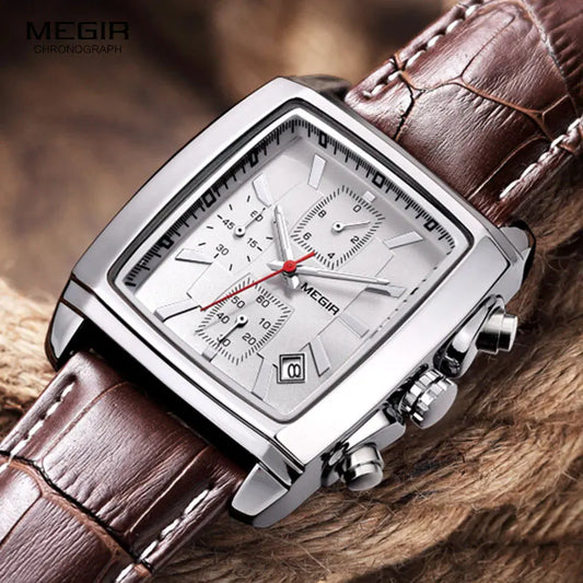 Megir Rectangle Dial Leather Strap Watch for Men Casual Blue chronograph quartz watches Man Wristwatch montre reloj часы мужские