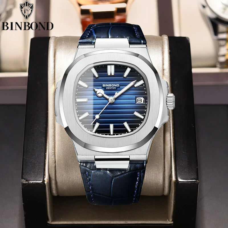 BINBOND Authentic New Men's Quartz Watchwith Waterproof Leather Strap  Fashion Business Luminous Calendar Men Students Watches