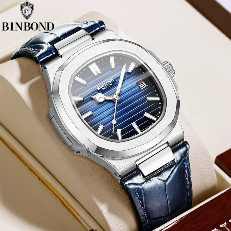 BINBOND Authentic New Men's Quartz Watchwith Waterproof Leather Strap  Fashion Business Luminous Calendar Men Students Watches