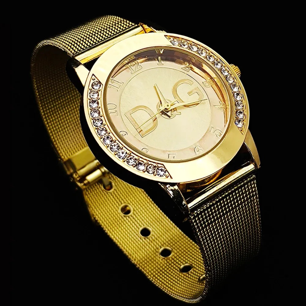 Hot Sale Metal Fashion Watch Women Luxury Brand DQG Crystal Quartz Watch Reloj Mujer Casual Stainless Steel Man Clock