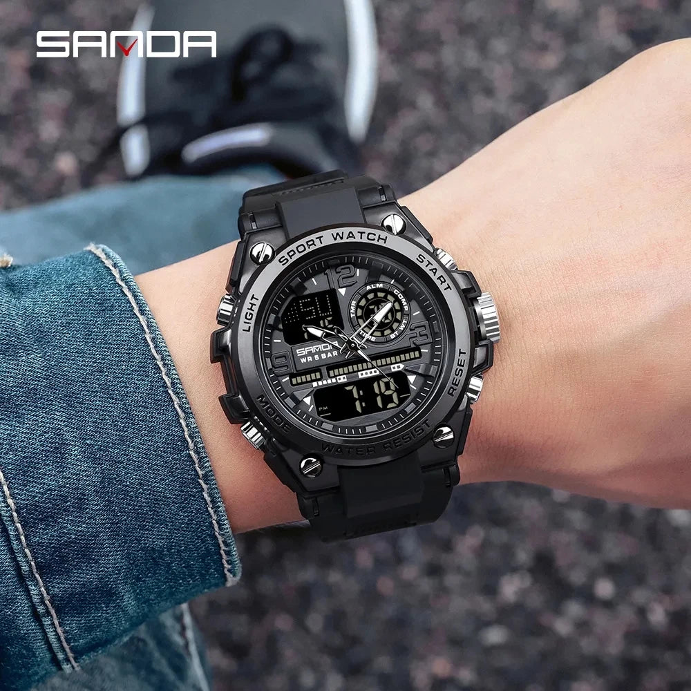 SANDA 6024 Fashion Wristwatches Mens Top Brand Waterproof Double Display Digital Watch Men Sport LED Date Clock Silicone Strap