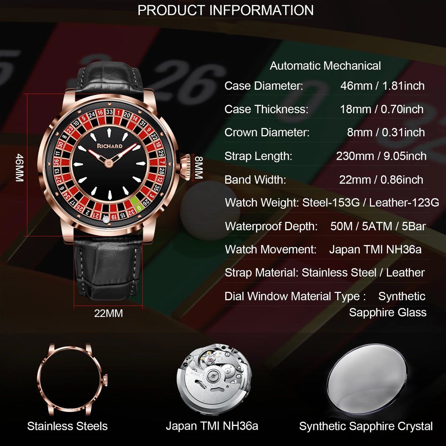 Richard A green casino table, the is the Casino NH35A movement sapphire glass watch men's fashion sports automatic watch