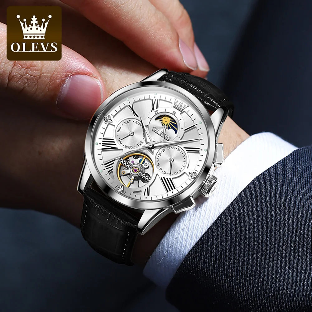 OLEVS 9912 Original Brand Automatic Watch for Men Hollow Out Leather Strap Moon Phase Men's Wristwatch