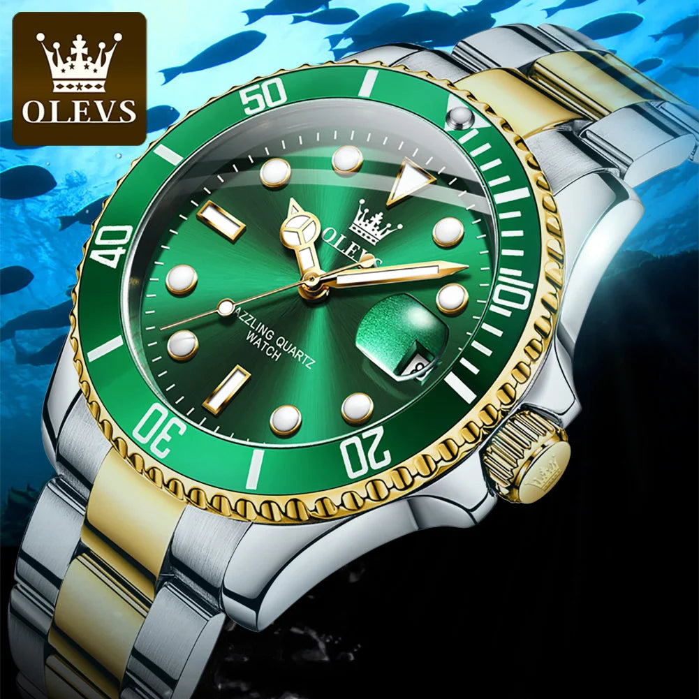 OLEVS Top Original Men Quartz Watch Green Waterproof Watch for Men Stainless Steel Quartz Men Luxury Watch Luminous Wristwatch