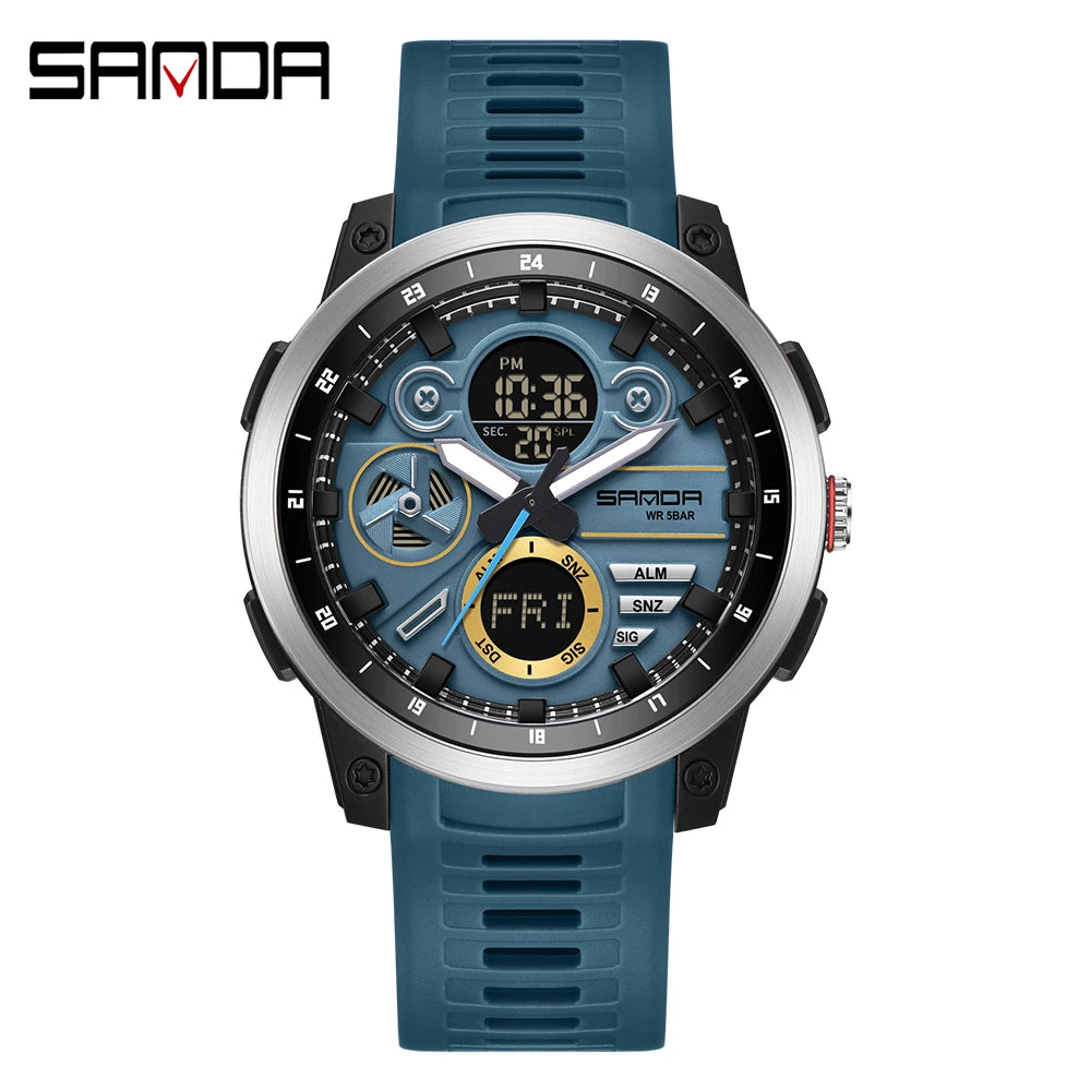 SANDA Men Sport Wristwatch TPU Strap Waterproof Quartz Watch Dual Display Digital Luminous Male Clock Relogio Masculino