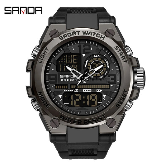 SANDA 6024 Fashion Wristwatches Mens Top Brand Waterproof Double Display Digital Watch Men Sport LED Date Clock Silicone Strap