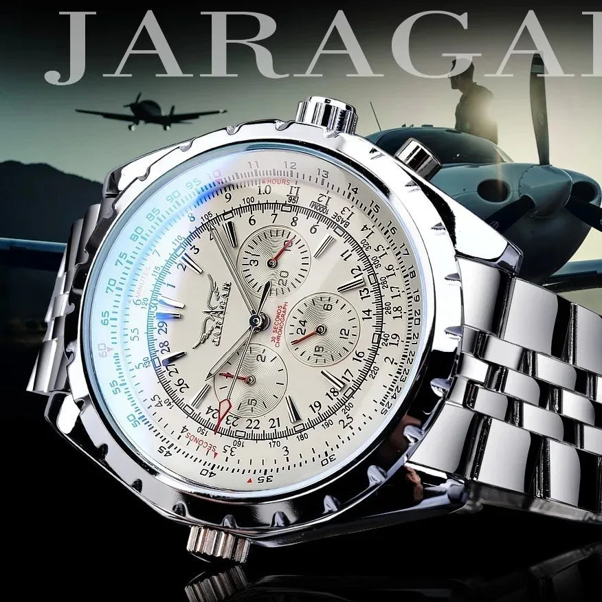 JARAGAR JAR 212 Top Brand Luxury Sports Mens Automatic Mechanical Watch for Men Silver Stainless Steel Strap Military Wristwatch