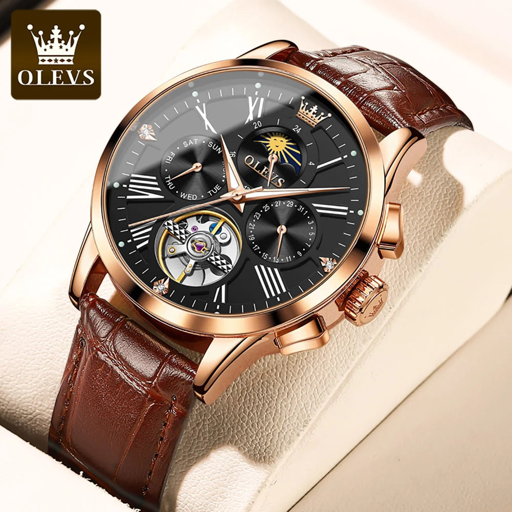 OLEVS 9912 Original Brand Automatic Watch for Men Hollow Out Leather Strap Moon Phase Men's Wristwatch