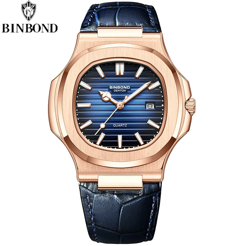 BINBOND Authentic New Men's Quartz Watchwith Waterproof Leather Strap  Fashion Business Luminous Calendar Men Students Watches