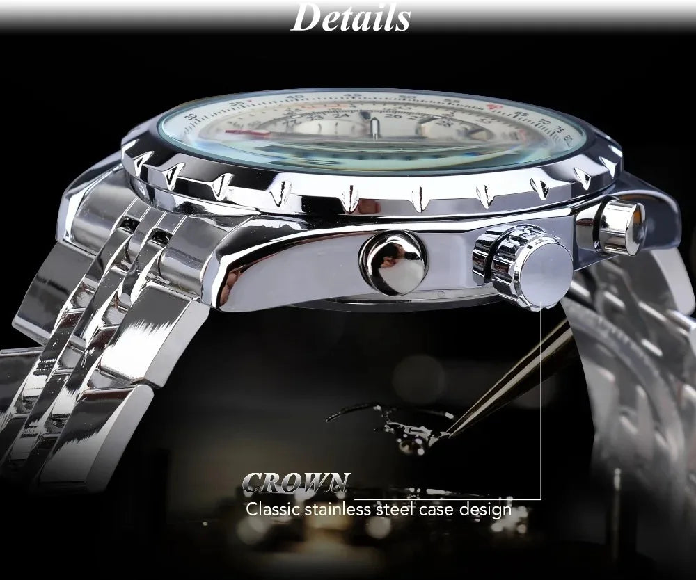 JARAGAR JAR 212 Top Brand Luxury Sports Mens Automatic Mechanical Watch for Men Silver Stainless Steel Strap Military Wristwatch