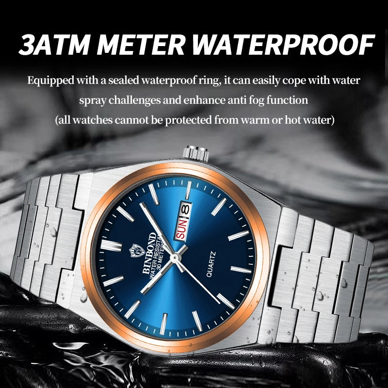 BINBOND Top Brand Luxury Men Quartz Watches Original Watch for Man Waterproof Luminous Date Week Stainless Steel Wristwatch Male