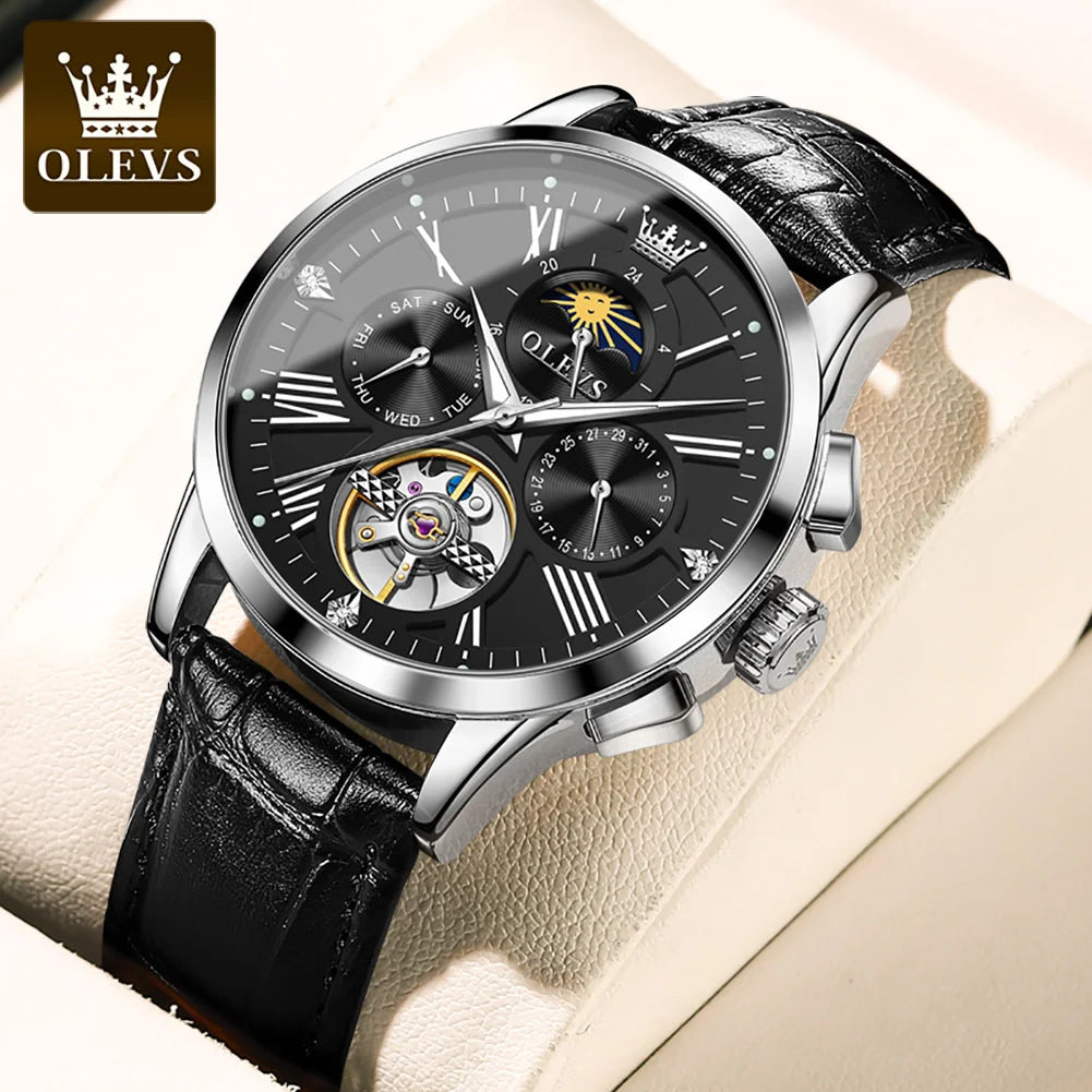 OLEVS 9912 Original Brand Automatic Watch for Men Hollow Out Leather Strap Moon Phase Men's Wristwatch