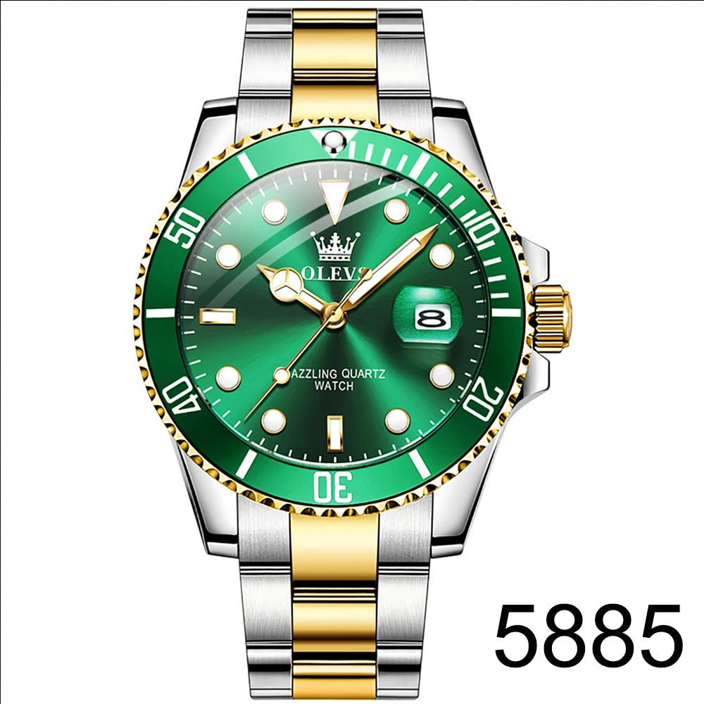 OLEVS Top Original Men Quartz Watch Green Waterproof Watch for Men Stainless Steel Quartz Men Luxury Watch Luminous Wristwatch