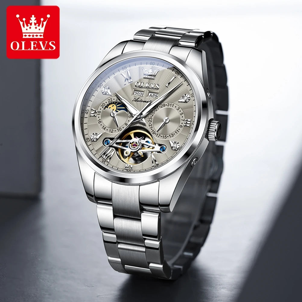 OLEVS Fashion Casual Silver Gray Tourbillon Watch Men Steel Automatic Mechanical Watch Reloj Hombre Business Luxury Watches