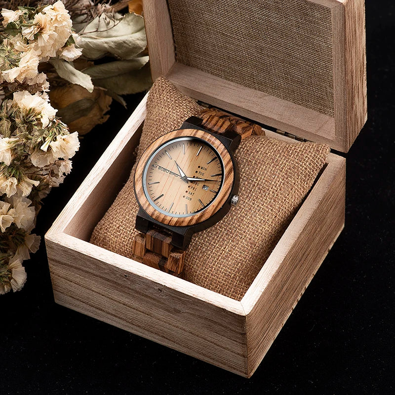 BOBO BIRD Antique Wood Watches for Man Date and Week Display Luxury Brand Watch in Wooden Gift Box relogio masculino Dropship