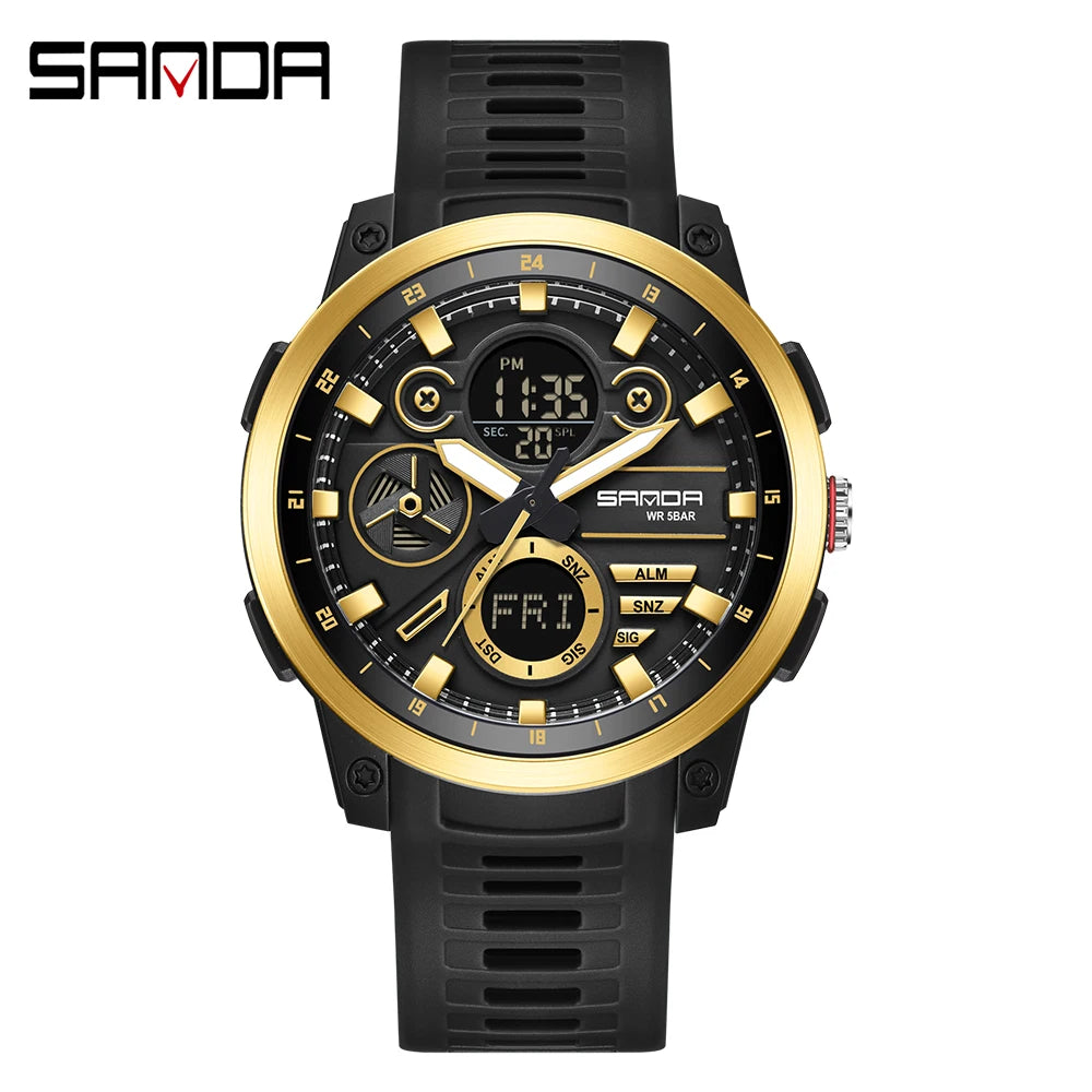 SANDA Men Sport Wristwatch TPU Strap Waterproof Quartz Watch Dual Display Digital Luminous Male Clock Relogio Masculino