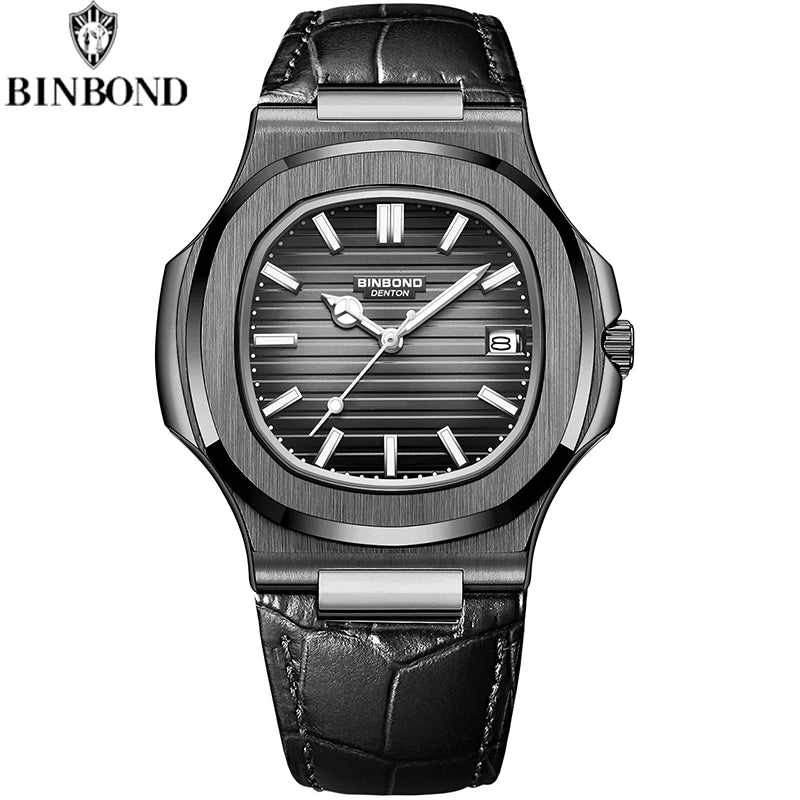 BINBOND Authentic New Men's Quartz Watchwith Waterproof Leather Strap  Fashion Business Luminous Calendar Men Students Watches