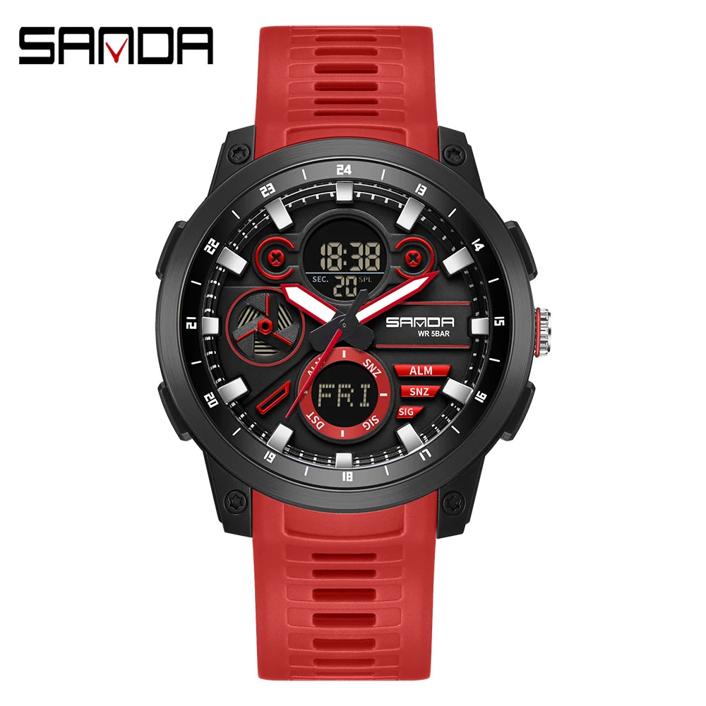 SANDA Men Sport Wristwatch TPU Strap Waterproof Quartz Watch Dual Display Digital Luminous Male Clock Relogio Masculino