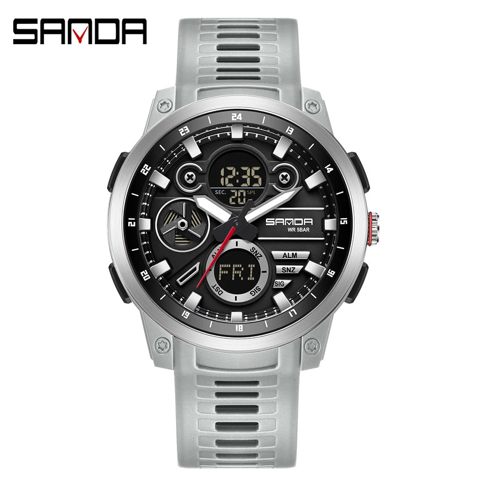 SANDA Men Sport Wristwatch TPU Strap Waterproof Quartz Watch Dual Display Digital Luminous Male Clock Relogio Masculino