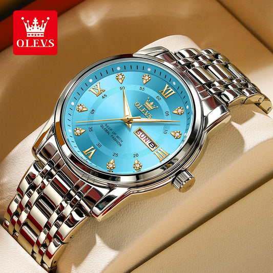 OLEVS Top Original Men Quartz Watch Blue Waterproof Watch for Men Stainless Steel Quartz Men Luxury Watch Luminous Wristwatch