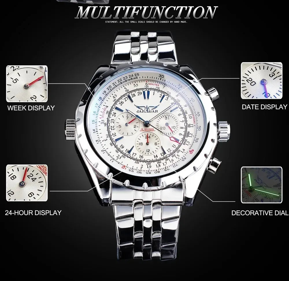 JARAGAR JAR 212 Top Brand Luxury Sports Mens Automatic Mechanical Watch for Men Silver Stainless Steel Strap Military Wristwatch