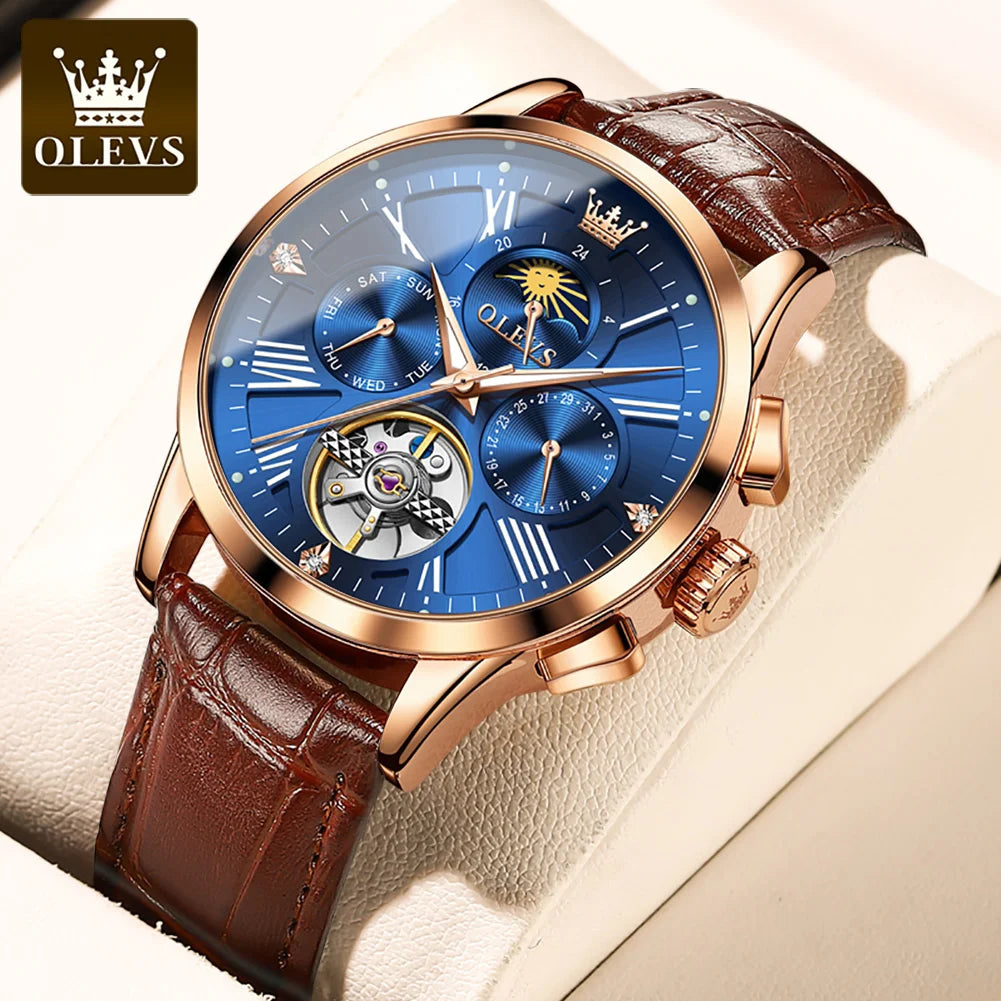 OLEVS 9912 Original Brand Automatic Watch for Men Hollow Out Leather Strap Moon Phase Men's Wristwatch